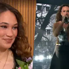 Polacy na Eurowizji: Luna w srebrnym stroju na scenie, obok niej tancerz. Po lewej uśmiechnięta artystka z bukietem kwiatów.