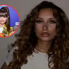 Wiki Gabor w żółtej, geometrycznej marynarce i z bukietem kwiatów, obok jej portret.