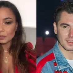 Kamil Bednarek z żoną, piękną kobietą w czerwonej sukience i artystą w dżinsowej kurtce.