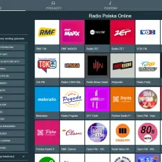 Strona z **ramówką** Radia Polska Online, prezentująca logotypy i nazwy popularnych stacji radiowych, takich jak RMF FM, Radio ZET, VOX FM i wiele innych.