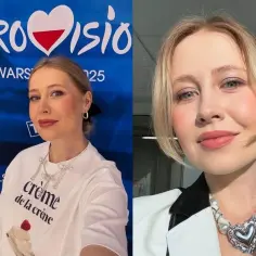 Ola Budka, młoda artystka, prezentuje się w dwóch odsłonach. Na pierwszym zdjęciu w koszulce z napisem "crème de la crème" na tle logo Eurowizji.