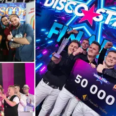 Uczestnicy i zwycięzcy finału Disco Star z nagrodami i czekiem na 50 000 zł.