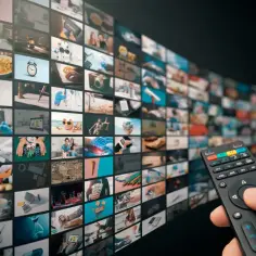 Dłoń trzymająca pilot do telewizora, sterująca ekranem z wieloma obrazami, sugerująca interaktywność i dostęp do treści przez hbbtv.