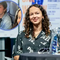 Monika Brodka z uśmiechem, a w okręgu zdjęcie z mężczyzną pijącym wino i kobietą, być może jej dzieci.