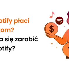 Ilustracja artysty z gitarą, monetą z dolarem i logo Spotify.