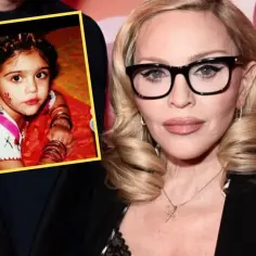 Madonna jako dziecko w kolorowym stroju i jako dorosła kobieta w okularach.