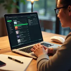 Kobieta z okularami korzysta z laptopa z otwartą aplikacją Spotify, na której widać listę utworów.