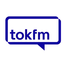 Niebieskie logo TOK FM w kształcie dymka. Słuchaj TOK FM na swojej ulubionej częstotliwość.