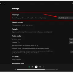 Ustawienia Spotify: wybór języka na angielski.