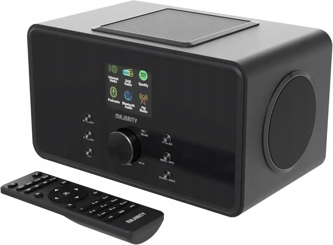 Nowoczesne radio Majority z pilotem, oferujące dostęp do internetowych, DAB+ i FM stacji radiowych, podcastów, Spotify i Bluetooth.