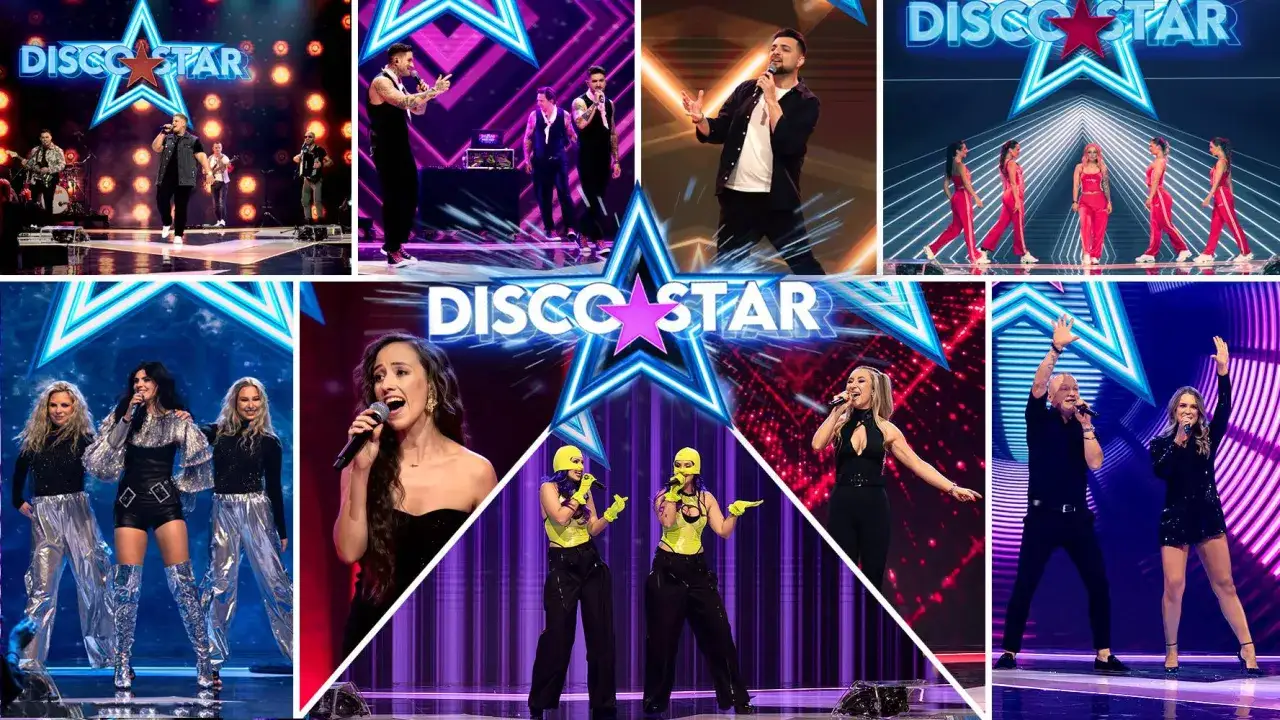 Wielki finał Disco Star: artyści na scenie, wokalistki śpiewają, tancerki w błyszczących strojach.