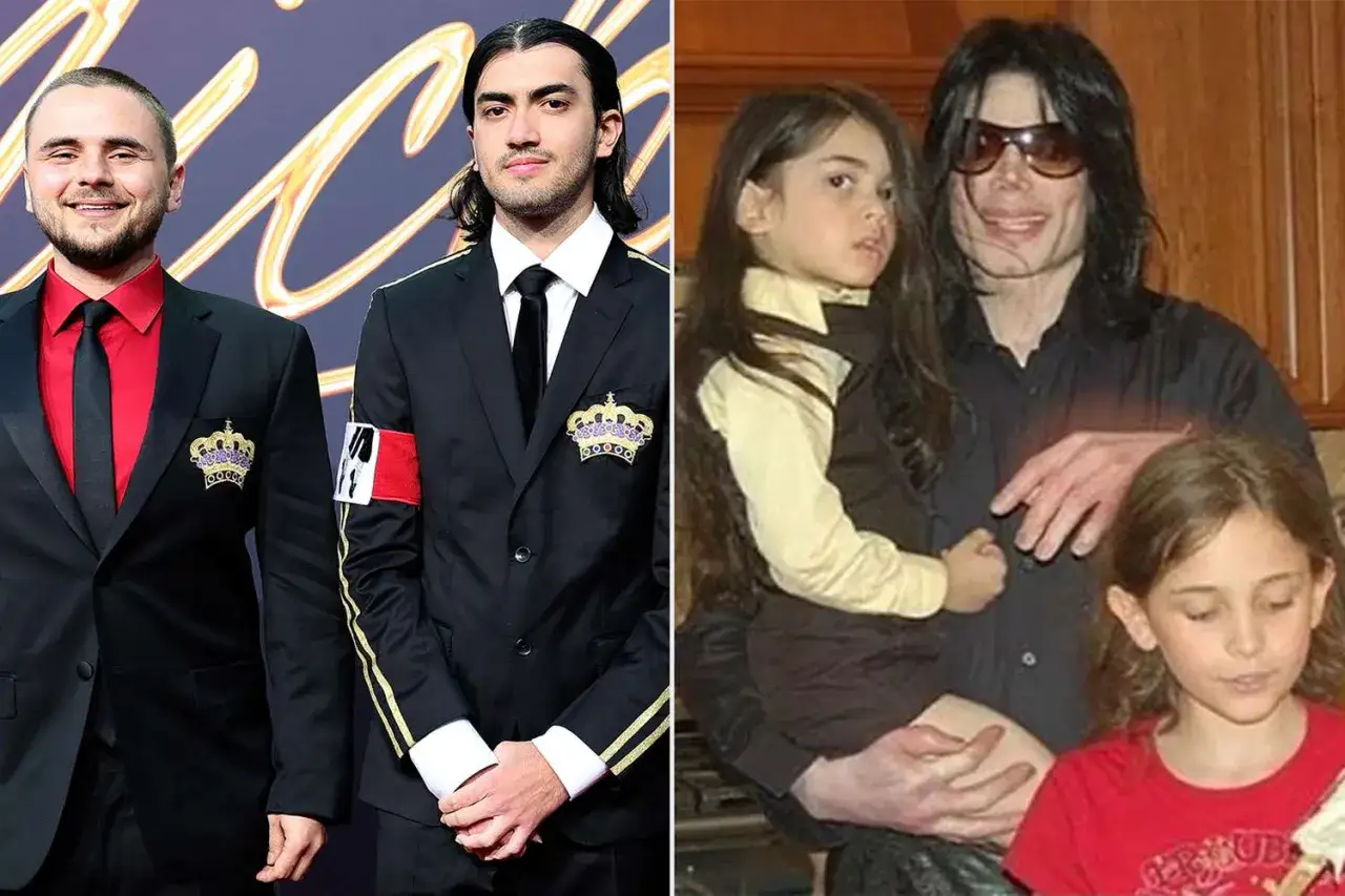 Michael Jackson z dziećmi, obok jego synowie w garniturach.